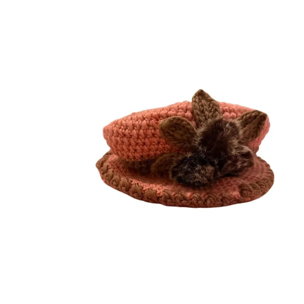 Women's Red Brown Floral Circle Faux Fur Crochet Hat